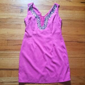 Gioia Sleeveless Pink Mesh And Embellished V Neck Small Dress Cotton Blend